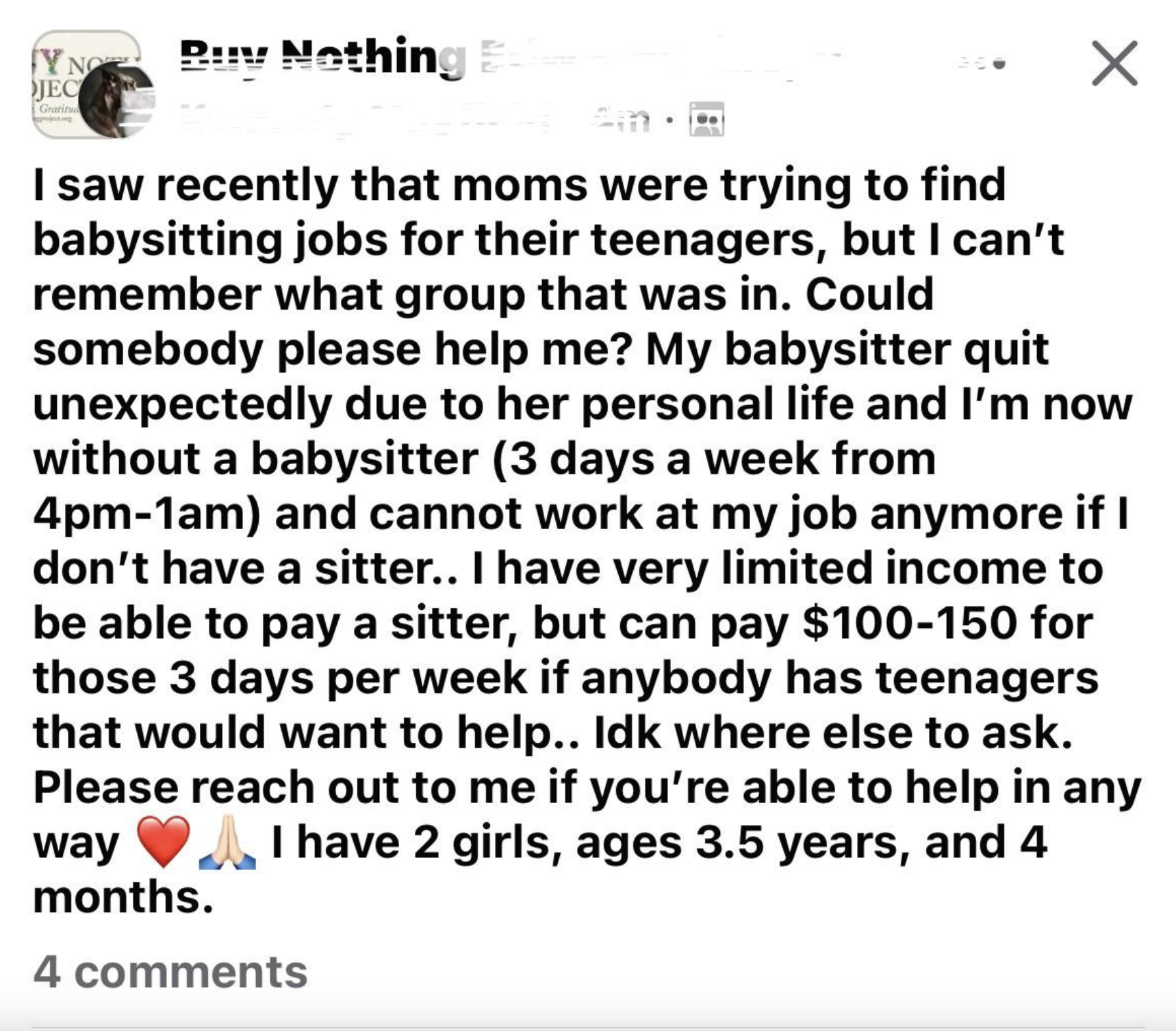 screenshot - Yn Jec Buy Nothing E I saw recently that moms were trying to find babysitting jobs for their teenagers, but I can't remember what group that was in. Could somebody please help me? My babysitter quit unexpectedly due to her personal life and I